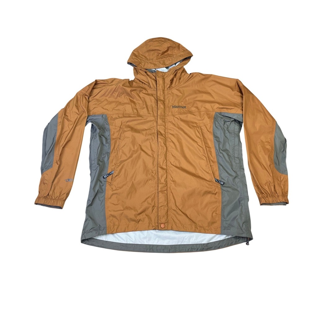 Marmot Mens PreCip Rain Jacket Large Orange Gray Waterproof Hooded Shell Vented